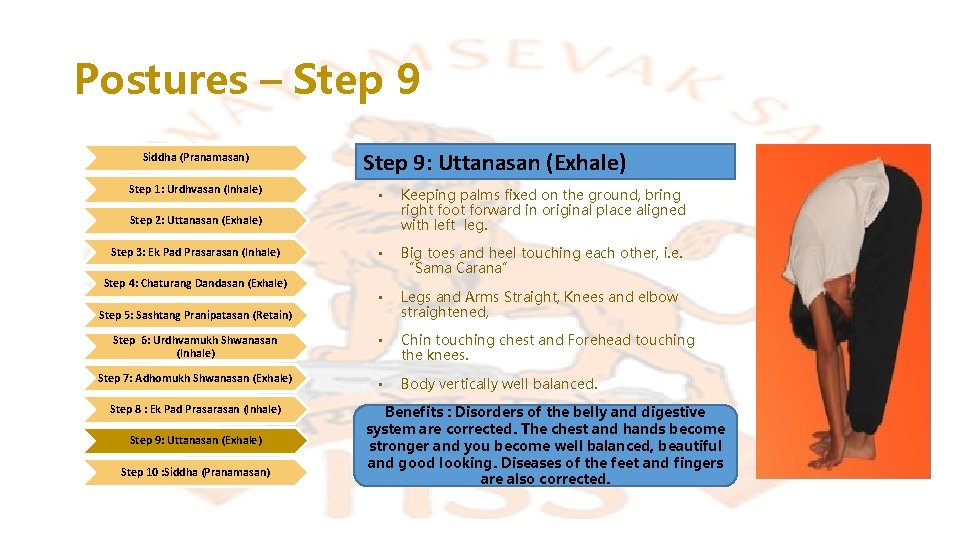 Postures – Step 9 Siddha (Pranamasan) Step 1: Urdhvasan (Inhale) Step 9: Uttanasan (Exhale)