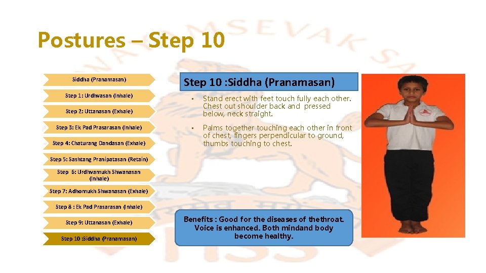 Postures – Step 10 Siddha (Pranamasan) Step 1: Urdhvasan (Inhale) Step 10 : Siddha