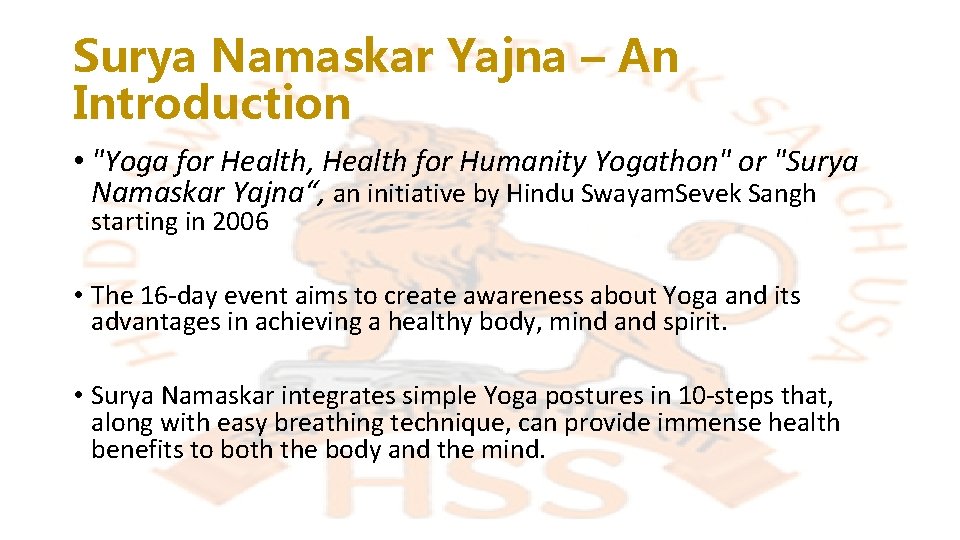 Surya Namaskar Yajna – An Introduction • "Yoga for Health, Health for Humanity Yogathon"