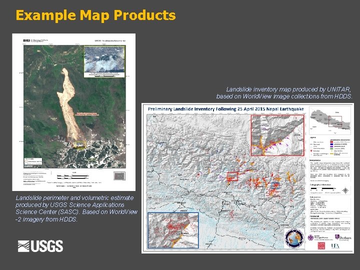 Example Map Products Landslide inventory map produced by UNITAR, based on World. View image