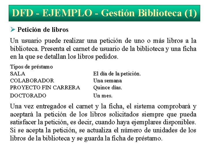 DFD - EJEMPLO - Gestión Biblioteca (1) Petición de libros Un usuario puede realizar