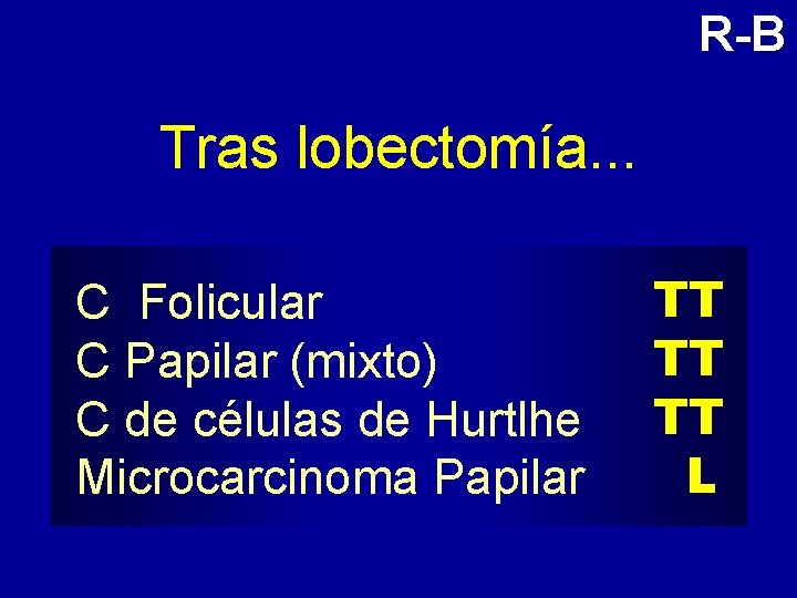 R-B Tras lobectomía. . . C Folicular C Papilar (mixto) C de células de