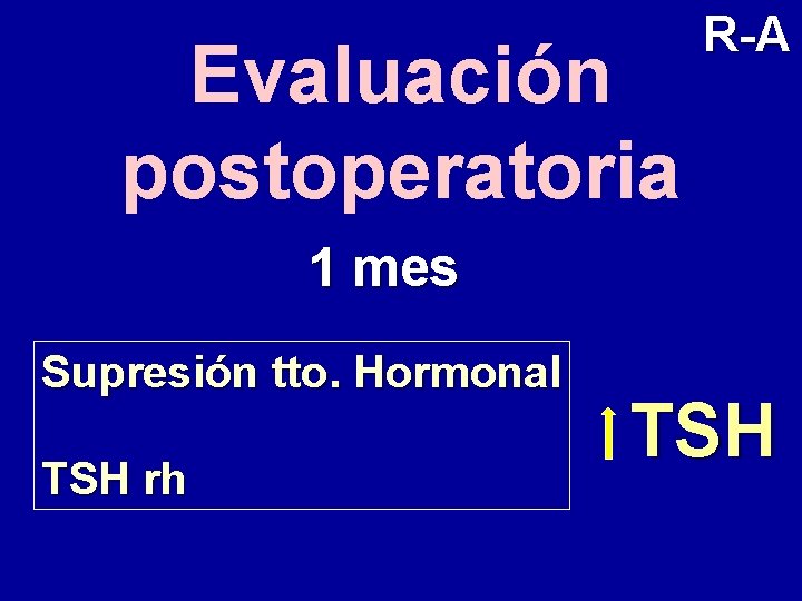 Evaluación postoperatoria R-A 1 mes Supresión tto. Hormonal TSH rh TSH 