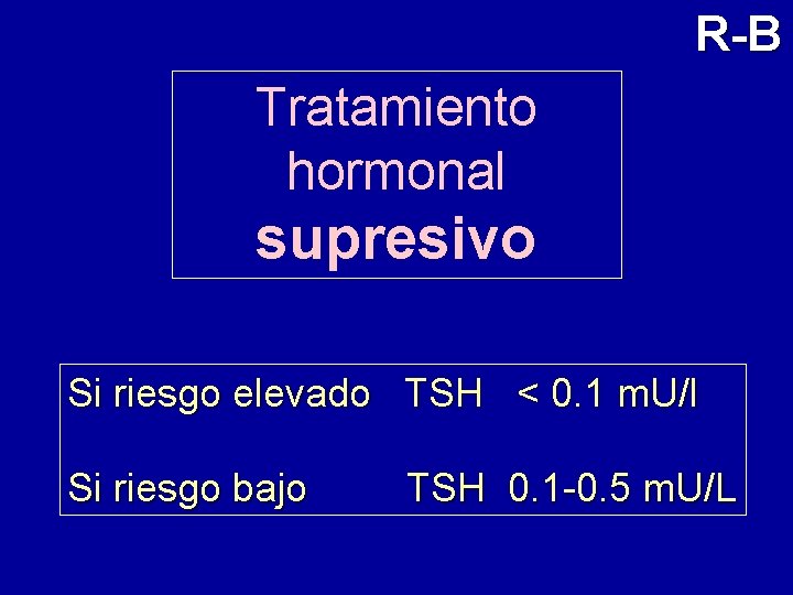 R-B Tratamiento hormonal supresivo Si riesgo elevado TSH < 0. 1 m. U/l Si