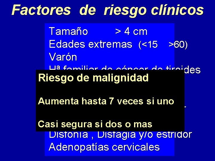 Factores de riesgo clínicos Tamaño > 4 cm Edades extremas (<15 >60) Varón Hª