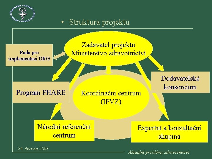  • Struktura projektu Rada pro implementaci DRG Program PHARE Zadavatel projektu Ministerstvo zdravotnictví