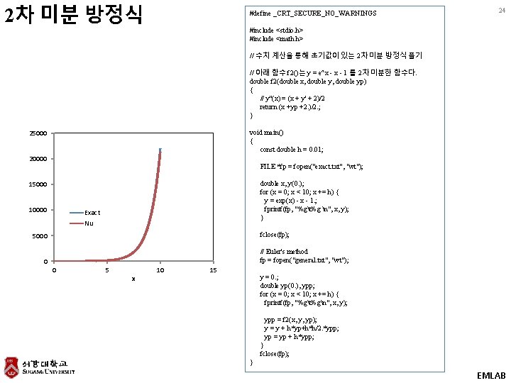 2차 미분 방정식 #define _CRT_SECURE_NO_WARNINGS 24 #include <stdio. h> #include <math. h> // 수치