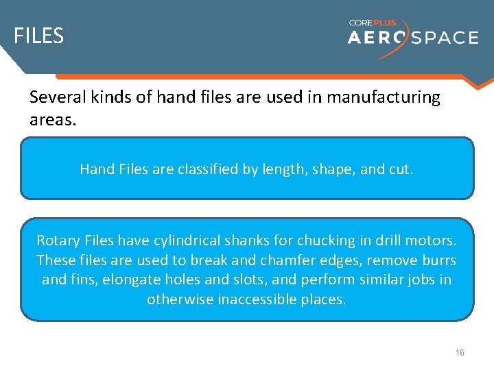 FILES Several kinds of hand files are used in manufacturing areas. Hand Files are