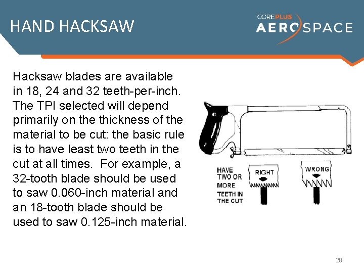 HAND HACKSAW Hacksaw blades are available in 18, 24 and 32 teeth-per-inch. The TPI