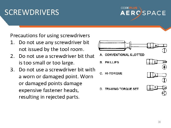 SCREWDRIVERS Precautions for using screwdrivers Conventional slotted-head screws, One-piece screwdrivers are not 1. Do