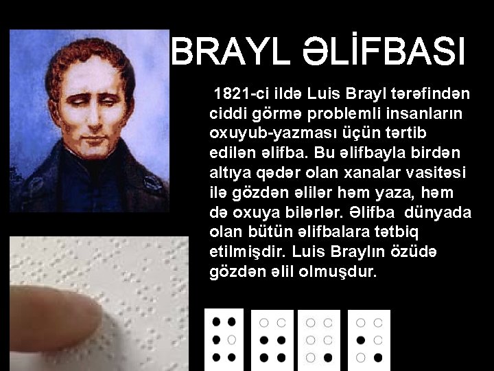 BRAYL ƏLİFBASI 1821 -ci ildə Luis Brayl tərəfindən ciddi görmə problemli insanların oxuyub-yazması üçün