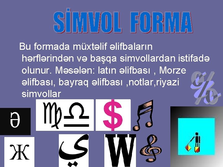 Bu formada müxtəlifbaların hərflərindən və başqa simvollardan istifadə olunur. Məsələn: latın əlifbası , Morze