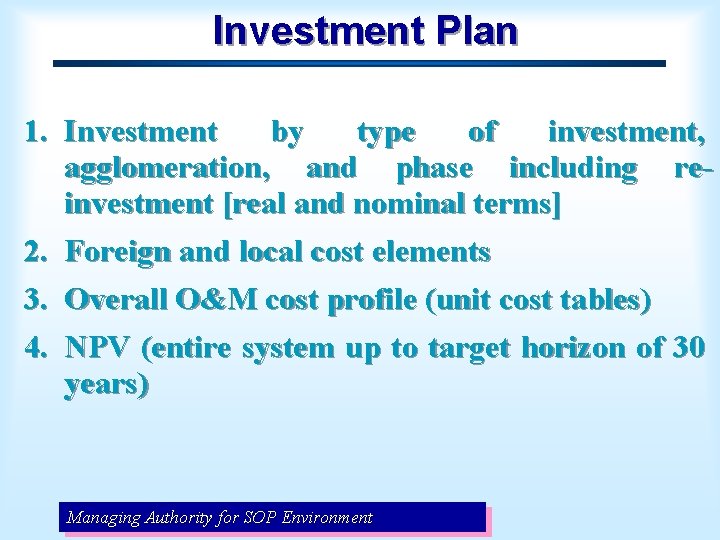 Investment Plan 1. Investment by type of investment, agglomeration, and phase including reinvestment [real