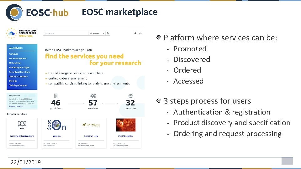 EOSC marketplace Platform where services can be: - Promoted Discovered Ordered Accessed 3 steps