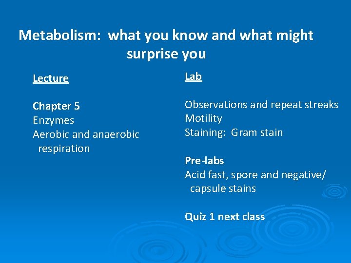 Metabolism: what you know and what might surprise you Lecture Lab Chapter 5 Enzymes