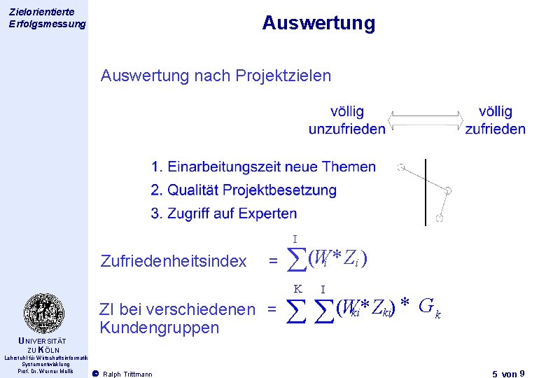 Thema des Zielorientierte Vortrags Erfolgsmessung Auswertung nach Projektzielen I Zufriedenheitsindex = å(W * Z