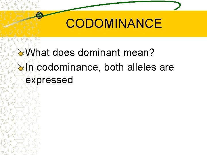 CODOMINANCE What does dominant mean? In codominance, both alleles are expressed 