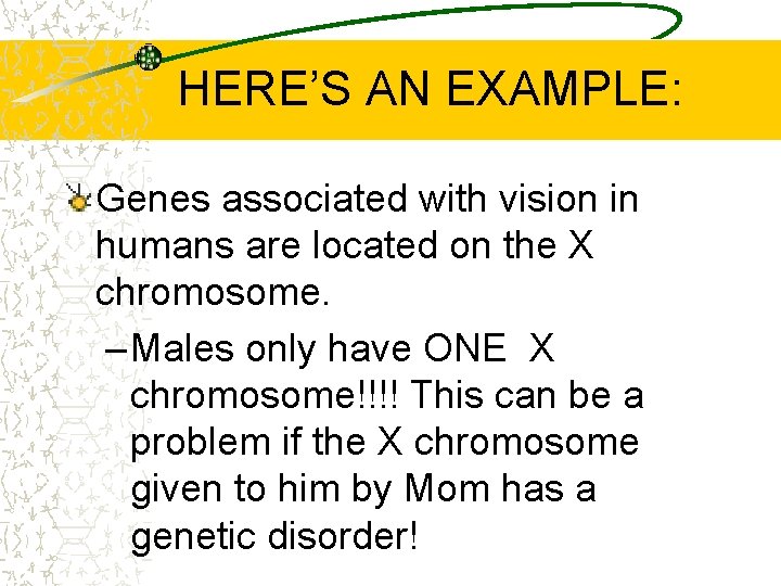 HERE’S AN EXAMPLE: Genes associated with vision in humans are located on the X