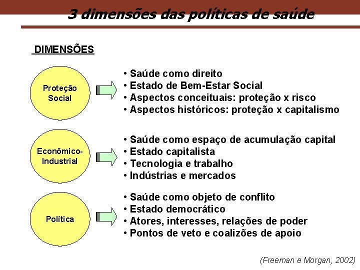 3 dimensões das políticas de saúde DIMENSÕES Proteção Social • Saúde como direito •