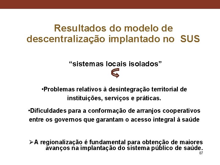 Resultados do modelo de descentralização implantado no SUS “sistemas locais isolados” • Problemas relativos