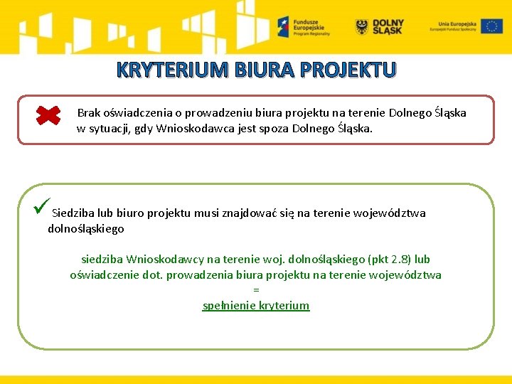 KRYTERIUM BIURA PROJEKTU Brak oświadczenia o prowadzeniu biura projektu na terenie Dolnego Śląska w