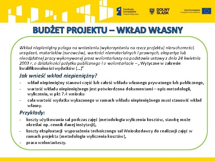 BUDŻET PROJEKTU – WKŁAD WŁASNY Wkład niepieniężny polega na wniesieniu (wykorzystaniu na rzecz projektu)