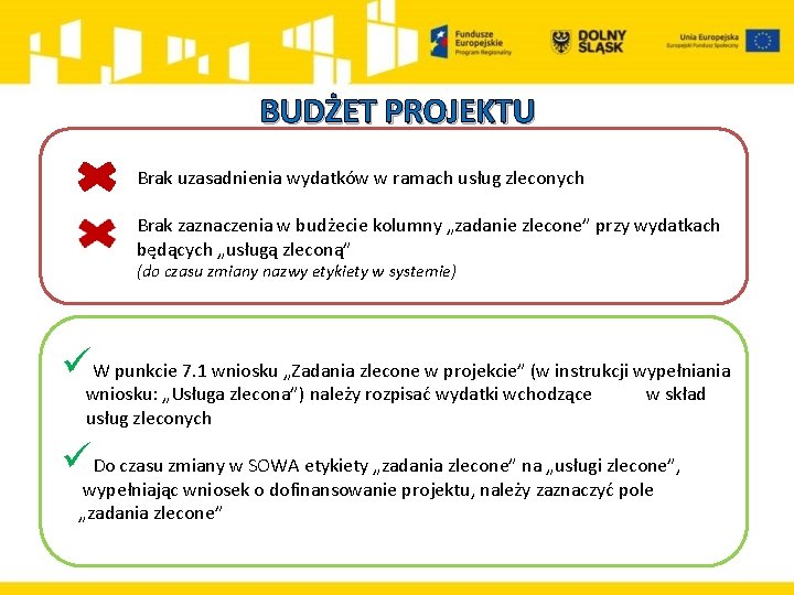 BUDŻET PROJEKTU Brak uzasadnienia wydatków w ramach usług zleconych Brak zaznaczenia w budżecie kolumny