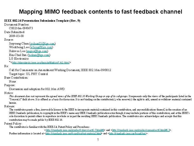 Mapping MIMO feedback contents to fast feedback channel IEEE 802. 16 Presentation Submission Template