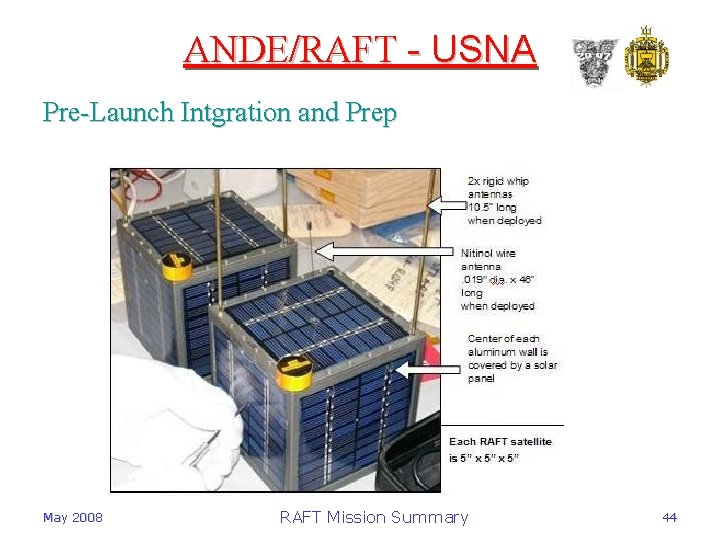 ANDE/RAFT - USNA Pre-Launch Intgration and Prep May 2008 RAFT Mission Summary 44 