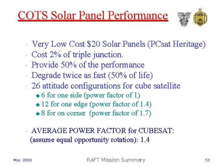 COTS Solar Panel Performance • • • Very Low Cost $20 Solar Panels (PCsat