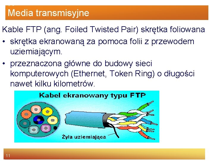 Media transmisyjne Kable FTP (ang. Foiled Twisted Pair) skrętka foliowana • skrętka ekranowaną za