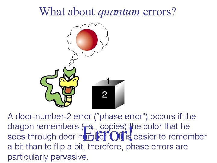 What about quantum errors? A door-number-2 error (“phase error”) occurs if the dragon remembers