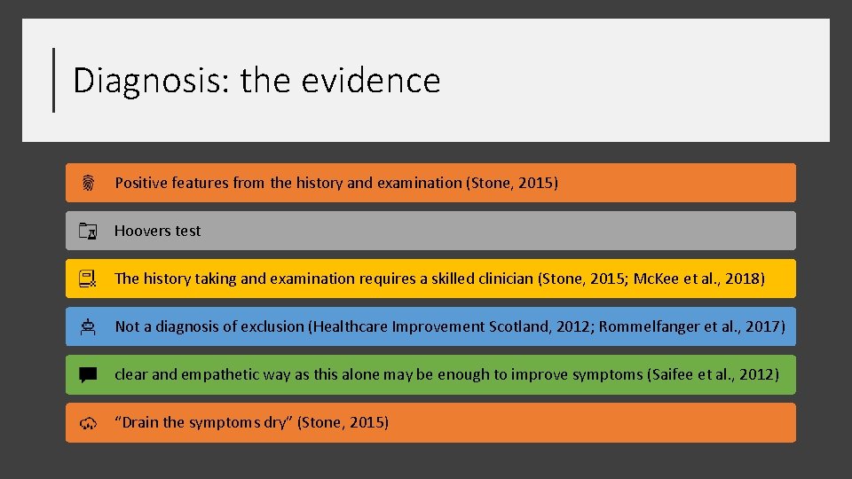 Diagnosis: the evidence Positive features from the history and examination (Stone, 2015) Hoovers test Diagnosis: the evidence Positive features from the history and examination (Stone, 2015) Hoovers test