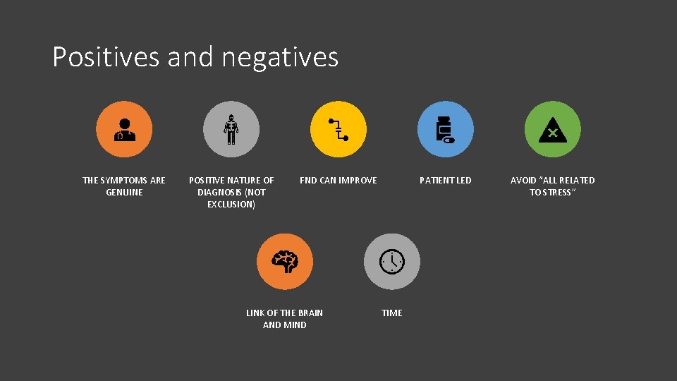 Positives and negatives THE SYMPTOMS ARE GENUINE POSITIVE NATURE OF DIAGNOSIS (NOT EXCLUSION) FND Positives and negatives THE SYMPTOMS ARE GENUINE POSITIVE NATURE OF DIAGNOSIS (NOT EXCLUSION) FND