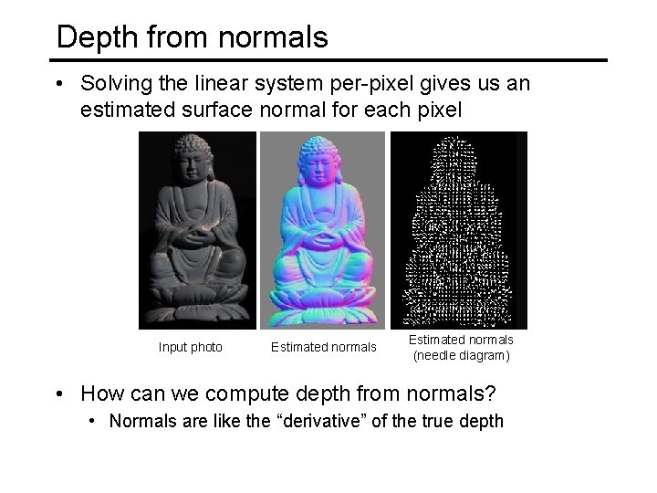 Depth from normals • Solving the linear system per-pixel gives us an estimated surface