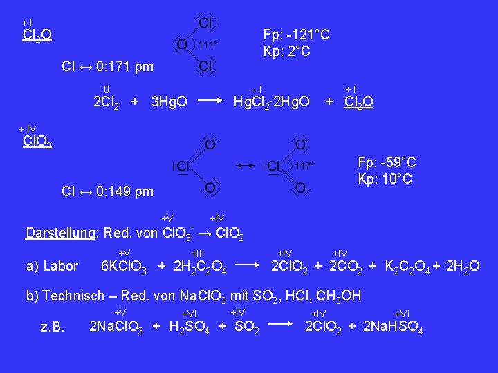 +I Cl 2 O Fp: -121°C Kp: 2°C Cl ↔ 0: 171 pm 0