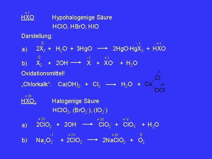 +I HXO Hypohalogenige Säure HCl. O, HBr. O, HIO Darstellung: 0 a) 2 OH-