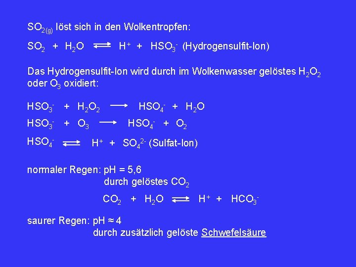 SO 2(g) löst sich in den Wolkentropfen: SO 2 + H 2 O H+