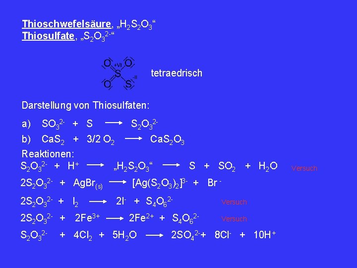 Thioschwefelsäure, „H 2 S 2 O 3“ Thiosulfate, „S 2 O 32 -“ tetraedrisch