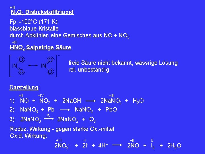 +III N 2 O 3 Distickstofftrioxid Fp: -102°C (171 K) blassblaue Kristalle durch Abkühlen