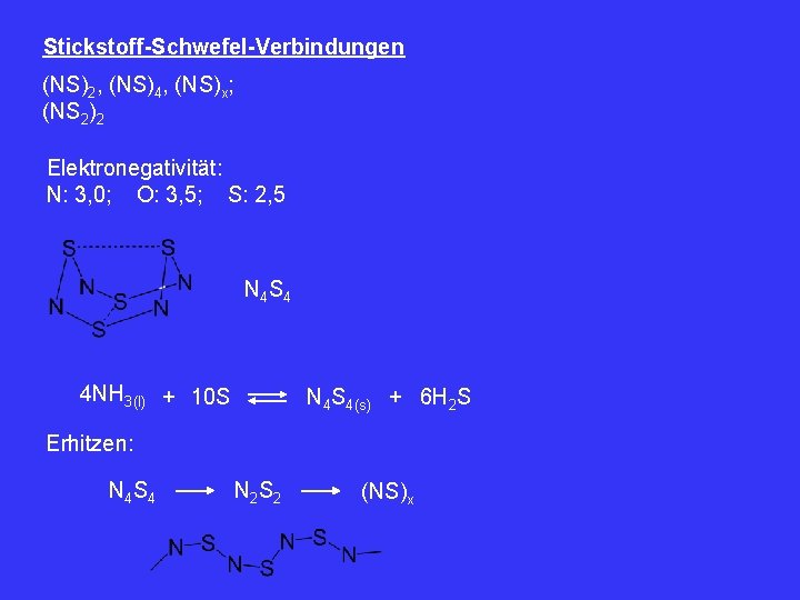 Stickstoff-Schwefel-Verbindungen (NS)2, (NS)4, (NS)x; (NS 2)2 Elektronegativität: N: 3, 0; O: 3, 5; S: