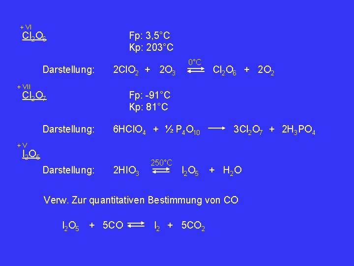 + VI Cl 2 O 6 Fp: 3, 5°C Kp: 203°C Darstellung: 2 Cl.