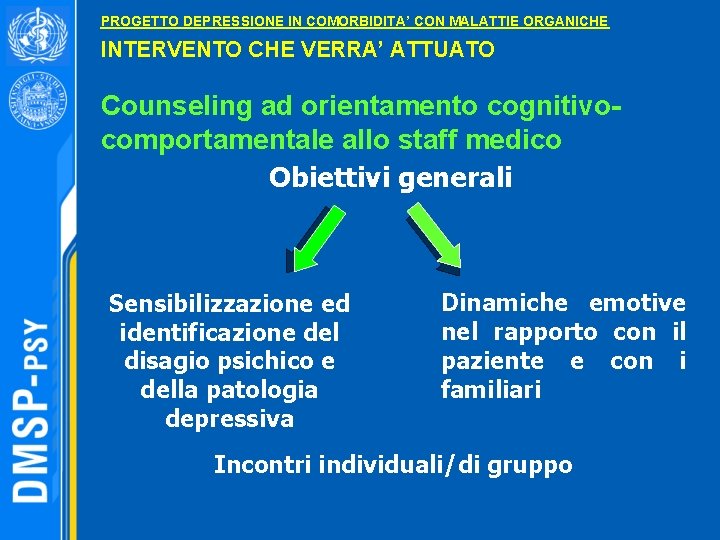 PROGETTO DEPRESSIONE IN COMORBIDITA’ CON MALATTIE ORGANICHE INTERVENTO CHE VERRA’ ATTUATO Counseling ad orientamento