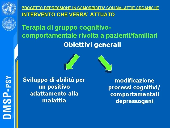 PROGETTO DEPRESSIONE IN COMORBIDITA’ CON MALATTIE ORGANICHE INTERVENTO CHE VERRA’ ATTUATO Terapia di gruppo