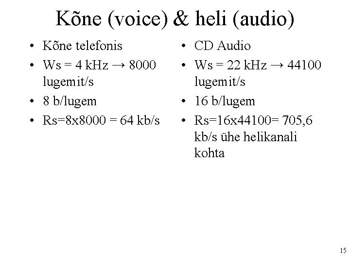 Kõne (voice) & heli (audio) • Kõne telefonis • Ws = 4 k. Hz
