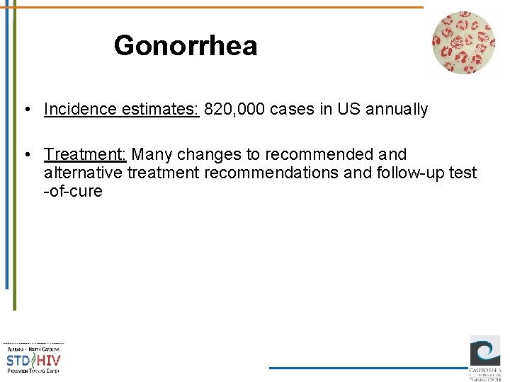 Gonorrhea • Incidence estimates: 820, 000 cases in US annually • Treatment: Many changes