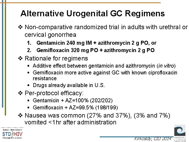 Alternative Urogenital GC Regimens v Non-comparative randomized trial in adults with urethral or cervical