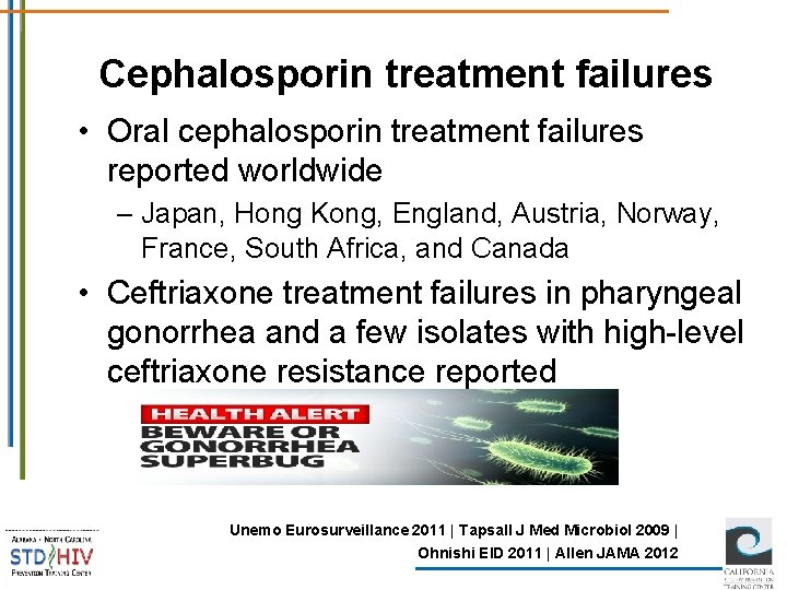 Cephalosporin treatment failures • Oral cephalosporin treatment failures reported worldwide – Japan, Hong Kong,