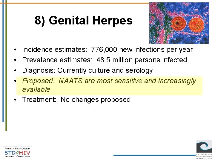 8) Genital Herpes • • Incidence estimates: 776, 000 new infections per year Prevalence