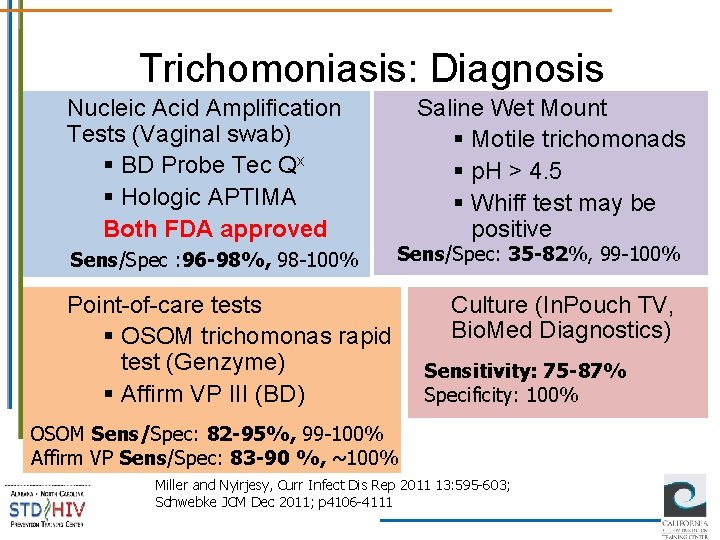 Trichomoniasis: Diagnosis Nucleic Acid Amplification Tests (Vaginal swab) § BD Probe Tec Qx §